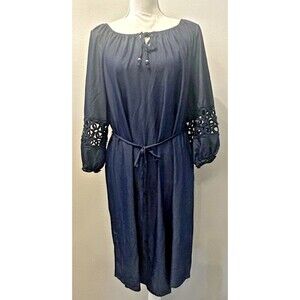 Mlle Gabrielle Navy Blue Boho Peasant Dress Eyelet Sleeve Detail Mini Medium